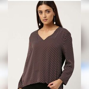 Mango Basics Nwot V-Neck Blouse with Black and Red Stripes Satin